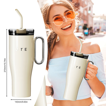 OTE1.2 L (42 oz) Coffee Mug to Go, Double-Walled Steel Vacuum Insulated Mug with Handle and Straw, BPA Free,Portable Car Mug Tumbler, Thermal Mug, Coffee Cup for Hot and Cold Drinks